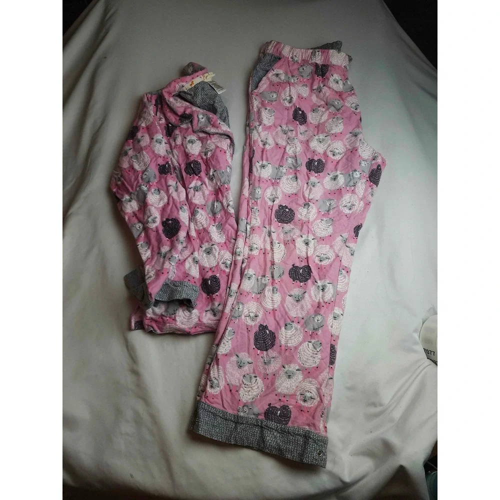 Munki Munki Womens Pink Sheep Pajama Set Bamboo Cotton XL Button Down Top Pants